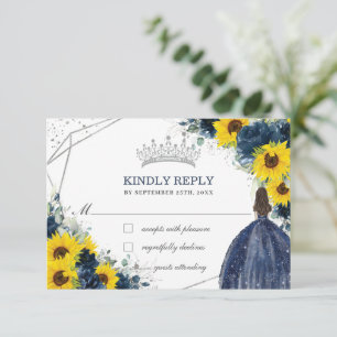 Quinceañera Birthday Navy Blue Sunflower Floral RSVP Kaartje