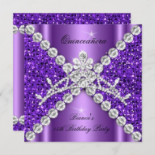 Quinceanera Birthday Paars Glitter Diamonds Tiara Kaart (Voorkant / Achterkant)