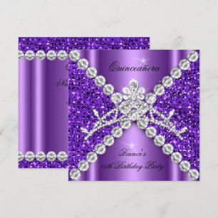 Quinceanera Birthday Paars Glitter Diamonds Tiara Kaart