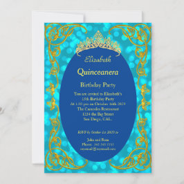 Quinceanera Birthday Party Blauwgroen Gold Invitat Kaart