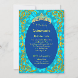 Quinceanera Birthday Party Blauwgroen Gold Invitat Kaart
