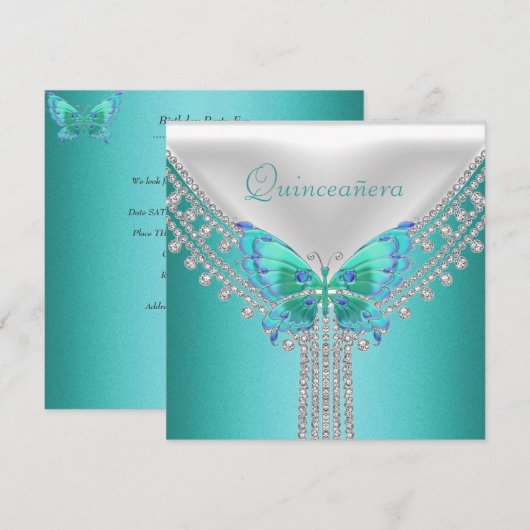 Quinceañera Birthday Party Blue White Butterfly Kaart (Voorkant / Achterkant)