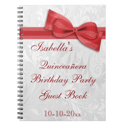 Quinceañera Birthday Party Damask en Bow Notitieboek (Voorkant)