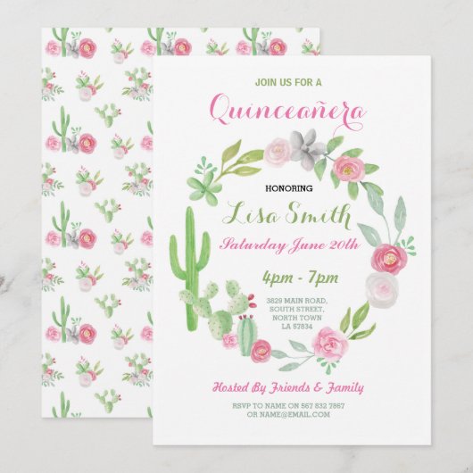 Quinceanera Birthday Party Fiesta Cactus Invite 15 Kaart (Voorkant / Achterkant)