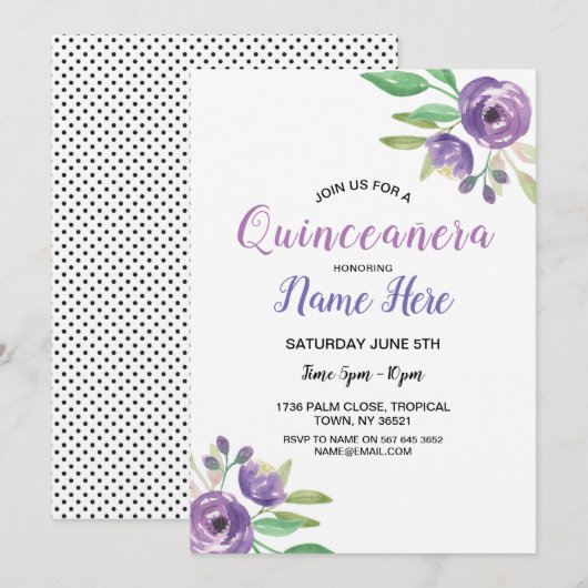 Quinceañera Birthday Party Flower Lila Invitation Kaart (Voorkant / Achterkant)