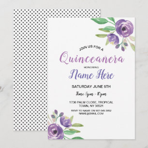 Quinceañera Birthday Party Flower Lila Invitation Kaart