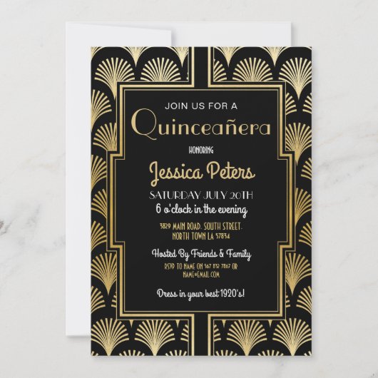 Quinceañera Birthday Party Gatsby Art Deco Gold Kaart (Voorkant)
