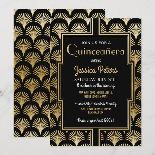 Quinceañera Birthday Party Gatsby Art Deco Gold Kaart (Voorkant / Achterkant)