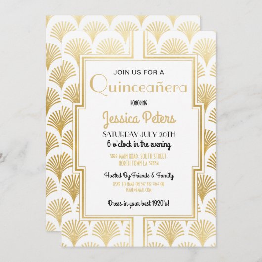 Quinceanera Birthday Party Gatsby Art Deco Gold Kaart (Voorkant / Achterkant)