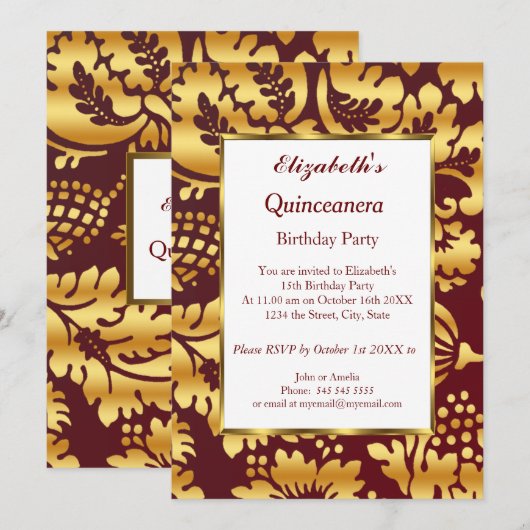 Quinceanera Birthday Party Gold burgundy Kaart (Voorkant / Achterkant)