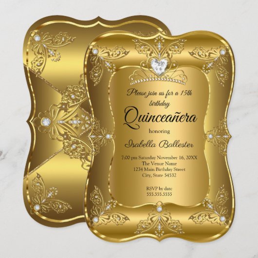 Quinceanera Birthday Party Gold Diamond Tiara Kaart (Voorkant / Achterkant)
