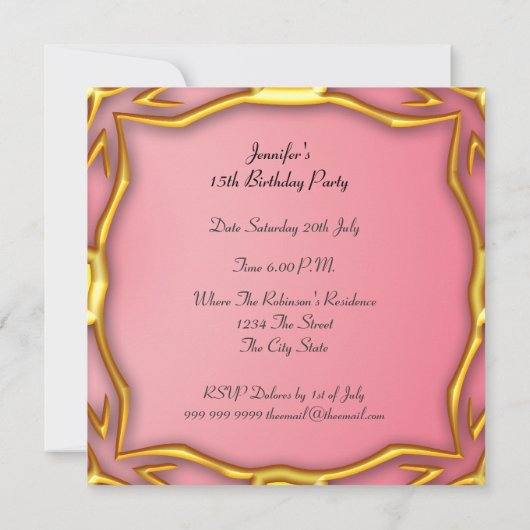 Quinceanera Birthday Party Gold en zalm Kaart (Achterkant)