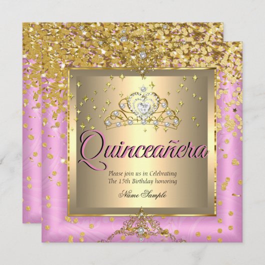 Quinceanera Birthday Party Gold Pink Kaart (Voorkant / Achterkant)