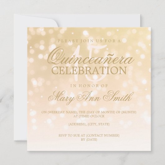 Quinceanera Birthday Party Gold Sparkle Lights Kaart (Voorkant)