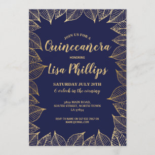Quinceanera Birthday Party Navy Gold Herfst Kaart