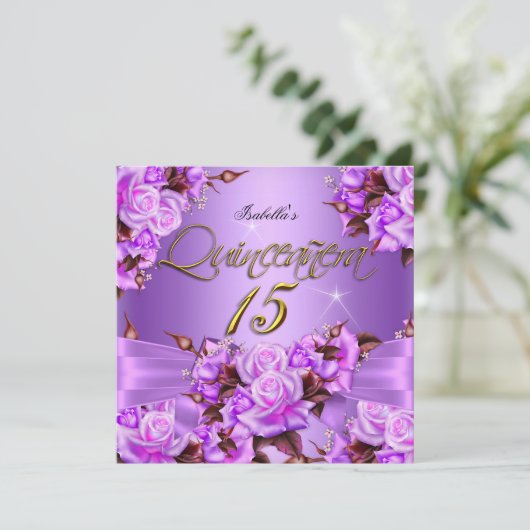Quinceanera Birthday Party Paarse roze roze roodro Kaart (Staand voorkant)