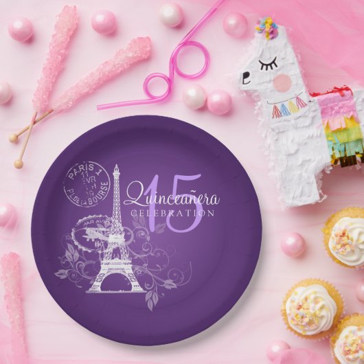 Quinceanera Birthday Party Paris Paars Papieren Bordje (Feest)