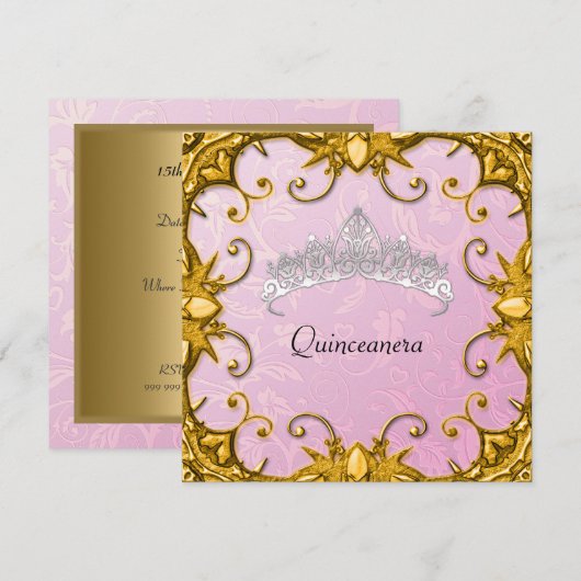 Quinceanera Birthday Party Pink Gold White Tiara Kaart (Voorkant / Achterkant)
