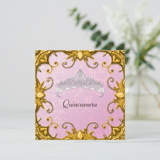 Quinceanera Birthday Party Pink Gold White Tiara Kaart (Staand voorkant)