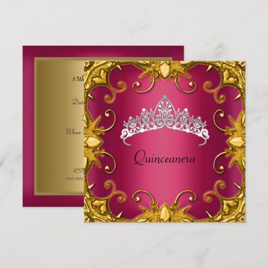 Quinceanera Birthday Party Red Gold White Tiara Kaart (Voorkant / Achterkant)