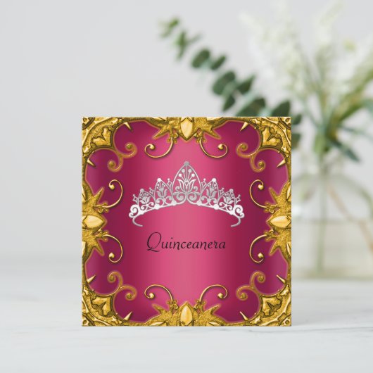 Quinceanera Birthday Party Red Gold White Tiara Kaart (Staand voorkant)