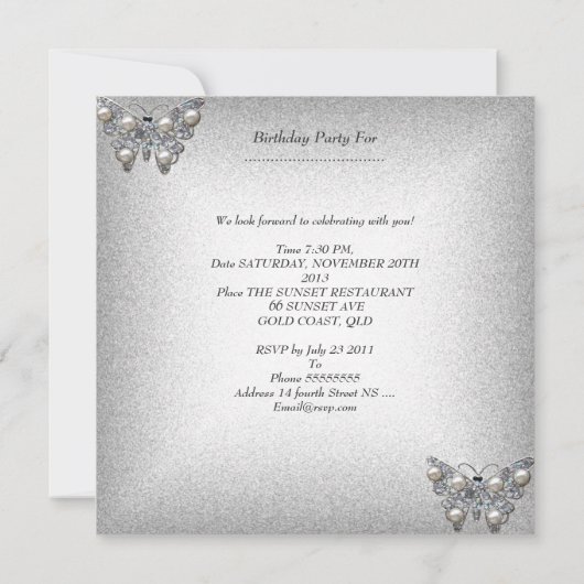 Quinceanera Birthday Party Silver White Butterfly Kaart (Achterkant)