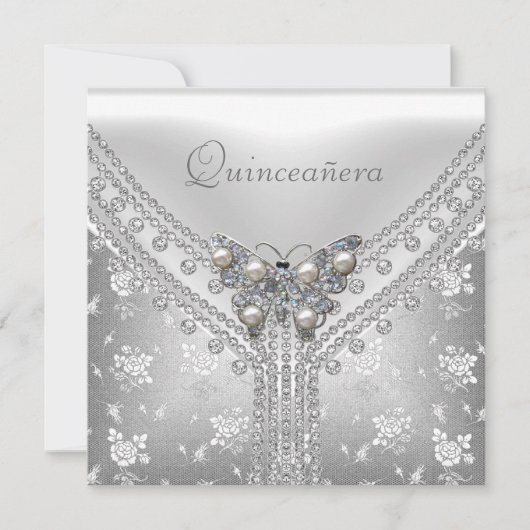 Quinceanera Birthday Party Silver White Butterfly Kaart (Voorkant)