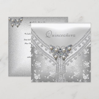 Quinceanera Birthday Party Silver White Butterfly Kaart