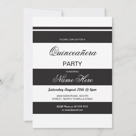 Quinceanera Birthday Party Stripe Black Invite 15 Kaart (Voorkant)