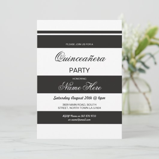 Quinceanera Birthday Party Stripe Black Invite 15 Kaart (Staand voorkant)