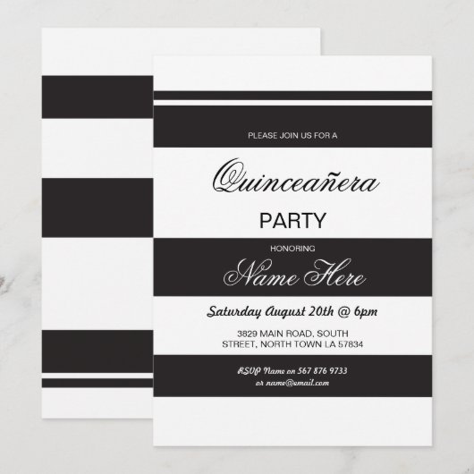 Quinceanera Birthday Party Stripe Black Invite 15 Kaart (Voorkant / Achterkant)