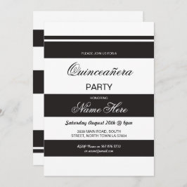 Quinceanera Birthday Party Stripe Black Invite 15 Kaart
