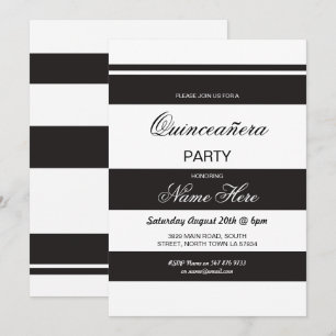 Quinceanera Birthday Party Stripe Black Invite 15 Kaart