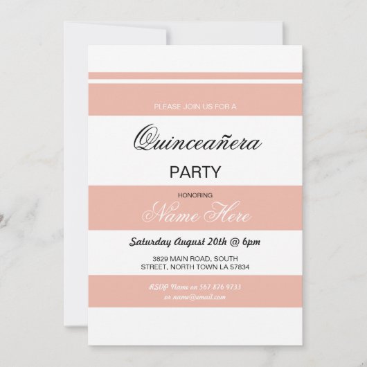 Quinceanera Birthday Party Stripe Coral Invite 15 Kaart (Voorkant)