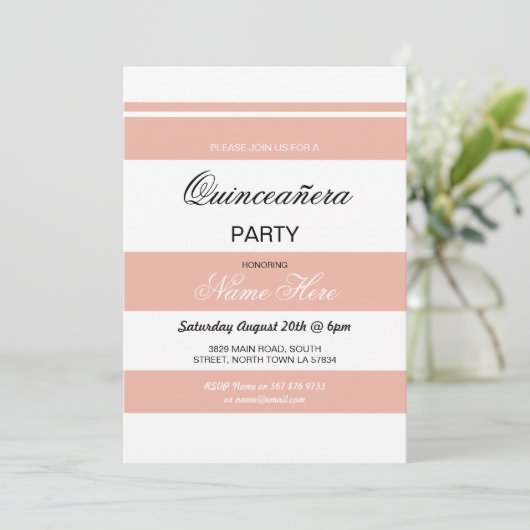 Quinceanera Birthday Party Stripe Coral Invite 15 Kaart (Staand voorkant)