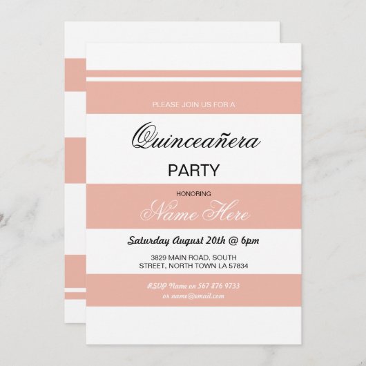 Quinceanera Birthday Party Stripe Coral Invite 15 Kaart (Voorkant / Achterkant)