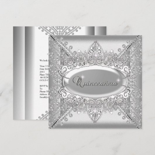 Quinceanera Birthday Party White Diamonds Silver Kaart (Voorkant / Achterkant)