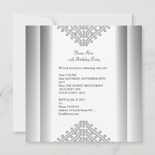 Quinceanera Birthday Party White Diamonds Silver Kaart (Achterkant)