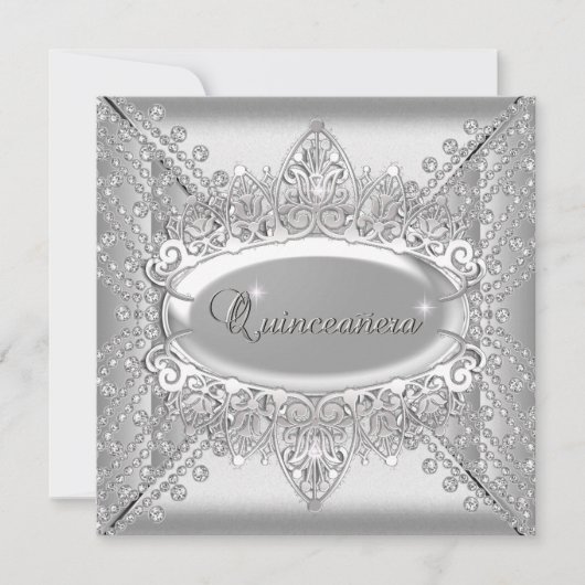 Quinceanera Birthday Party White Diamonds Silver Kaart (Voorkant)