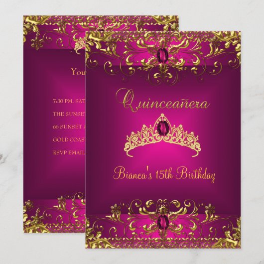 Quinceanera Birthday Pink Tiara Gold Gem Jewel Kaart (Voorkant / Achterkant)