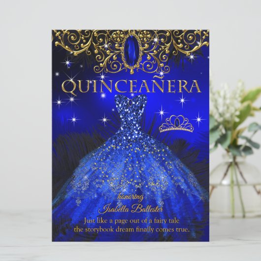 Quinceanera Birthday Royal Blue Feather Tiara Gold Kaart (Staand voorkant)