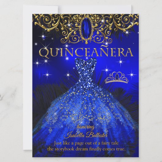 Quinceanera Birthday Royal Blue Feather Tiara Gold Kaart (Voorkant)