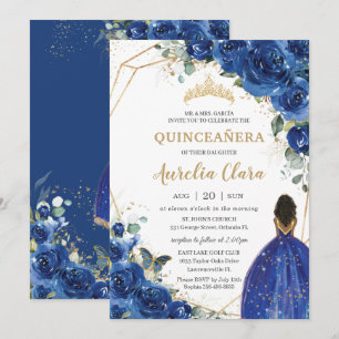 Quinceañera Birthday Royal Blue Floral Princess Kaart