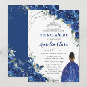 Quinceañera Birthday Royal Blue Floral Princess Kaart