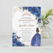 Quinceañera Birthday Royal Blue Floral Princess Kaart (Staand voorkant)
