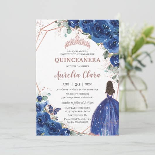 Quinceañera Birthday Royal Blue Floral Princess Kaart (Staand voorkant)