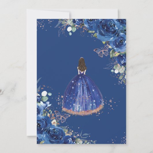 Quinceañera Birthday Royal Blue Floral Princess Kaart (Achterkant)