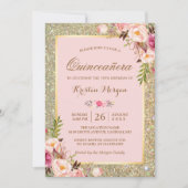 Quinceanera Birthday | Roze Floral Gold Gliters Kaart (Voorkant)