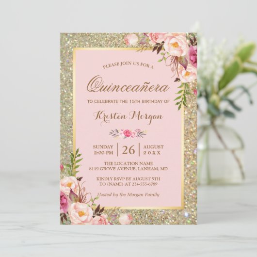 Quinceanera Birthday | Roze Floral Gold Gliters Kaart (Staand voorkant)