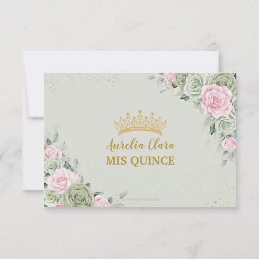 Quinceañera Birthday Sage Green Soft Pink Floral RSVP Kaartje (Achterkant)